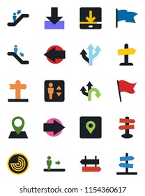 Color and black flat icon set - elevator vector, escalator, signpost, right arrow, left, radar, route, pin, download, place tag, flag, guidepost
