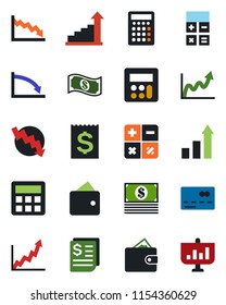 Color and black flat icon set - credit card vector, growth statistic, calculator, crisis graph, receipt, wallet, cash, presentation