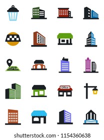 Color and black flat icon set - taxi vector, shop, office building, garden light, navigation, store, city house, cafe, storefront