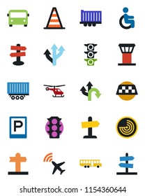 Color and black flat icon set - airport tower vector, plane radar, taxi, bus, parking, border cone, helicopter, disabled, route, signpost, traffic light, truck trailer, guidepost