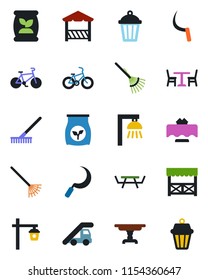 Color and black flat icon set - cafe vector, ladder car, rake, sickle, garden light, picnic table, fertilizer, bike, restaurant, alcove, outdoor lamp