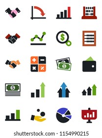 Color and black flat icon set - handshake vector, growth statistic, calculator, abacus, crisis graph, cash, bar, pie, point, arrow up, wallet, money search, investment, presentation