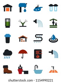Color and black flat icon set - watering vector, boot, rain, well, drip irrigation, sea port, umbrella, warehouse, pond, water supply, bathroom, drink, heater, filter, warm floor