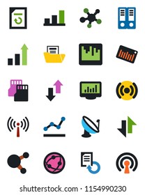 Color and black flat icon set - antenna vector, growth statistic, office binder, document reload, barcode, satellite, network, share, scanner, sd, data exchange, monitor statistics, bar graph, point