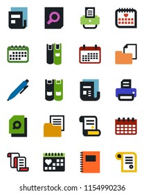 Color and black flat icon set - contract vector, book, document search, pen, calendar, printer, medical, folder, news, copybook