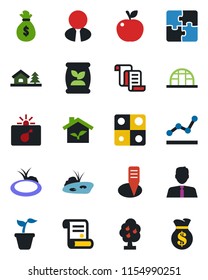 Color and black flat icon set - bomb in case vector, contract, seedling, plant label, greenhouse, pond, fertilizer, application, point graph, house with tree, fruit, estate agent, apple, eco