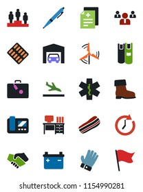 Color and black flat icon set - arrival vector, suitcase, pedestal, team, desk, glove, boot, diagnosis, pills blister, ambulance star, book, pen, windmill, garage, bacon, intercome, battery, clock