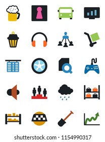 Color and black flat icon set - taxi vector, airport bus, female, flight table, luggage storage, pedestal, statistic monitor, shovel, rain, cargo, rack, speaker, gamepad, headphones, document search