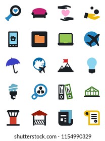 Color and black flat icon set - airport tower vector, umbrella, waiting area, plane globe, office binder, bulb, greenhouse, heart diagnostic, hand, news, folder, notebook pc, alcove, energy saving