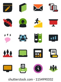 Color and black flat icon set - contract vector, mail, book, pedestal, presentation board, crisis graph, brainstorm, statistic monitor, printer, calculator, clock, notes, hr, blank box, support