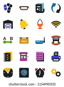 Color and black flat icon set - printer vector, well, pills, route, news, update, clock, alarm, bell, fingerprint id, checklist, garage, sale, children room, wireless, egg stand, hot dog, router