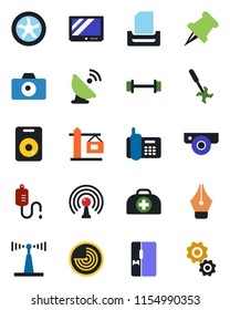 Color and black flat icon set - camera vector, radar, ripper, doctor case, dropper, barbell, office phone, satellite antenna, tv, speaker, paper pin, ink pen, tray, fridge, crane, fan, web, gear