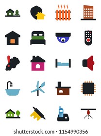 Color and black flat icon set - house vector, fireplace, radio phone, with tree, bedroom, bathroom, heater, smart home, city, rolling pin, chip, remote control, smoke detector, sound, protect