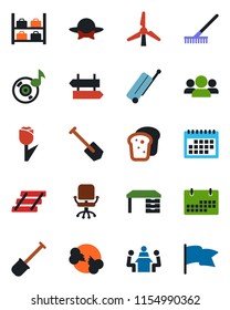 Color and black flat icon set - suitcase vector, signpost, luggage storage, office chair, desk, job, shovel, rake, broken bone, tulip, music, calendar, meeting, paper tray, windmill, bread, group