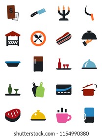 Color and black flat icon set - spoon and fork vector, coffee, sickle, dish, alcohol, bacon, waiter, candle, alcove, credit card, restaurant receipt, steak, bowl, cutting board, knife, steaming pan