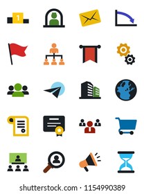 Color and black flat icon set - reception vector, hierarchy, team, consumer search, group, gear, pennon, earth, crisis, cart, flag, paper plane, certificate, mail, advertising, pedestal, contract