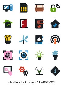 Color and black flat icon set - sim vector, smart home, eco house, fingerprint, wireless lock, irrigation, water heater, pc, control app, gear, bulb, energy saving, jalousie, eye scan, door