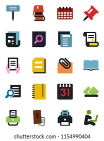 Color and black flat icon set - book vector, document search, notepad, calendar, printer, contract, plant label, news, drawing pin, paper clip, restaurant receipt, serviette, man with notebook