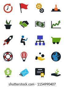 Color and black flat icon set - seedling vector, gear, rocket, handshake, clock, earth, growth graph, investment, cart, flag, cash, hierarchy, crisis management, certificate, mail, pedestal