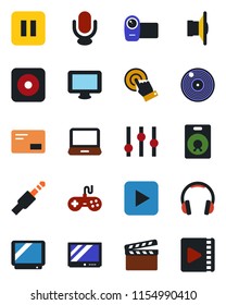 Color and black flat icon set - clapboard vector, vinyl, speaker, gamepad, settings, tv, video camera, microphone, touch screen, headphones, monitor, laptop pc, mail, play button, pause, rec