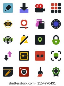 Color and black flat icon set - menu vector, mobile camera, themes, record, scanner, sd, notes, data exchange, download, mute, brightness, place tag, lock, face id, eye, fingerprint, video