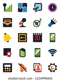 Color and black flat icon set - microphone vector, mobile, calculator, clock, bell, mail, scanner, calendar, wireless, torch, mute, cut, music, photo gallery, cellular signal, battery, application
