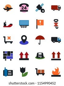 Color and black flat icon set - pin vector, important flag, plane, satellite, office phone, 24 hours, sea shipping, truck trailer, car delivery, consolidated cargo, umbrella, up side sign, hook