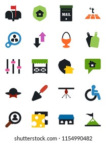 Color and black flat icon set - disabled vector, trowel, tuning, data exchange, mailbox, estate insurance, egg stand, cafe building, dress code, alcove, cutting board, cheese, warm floor, sprinkler