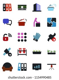 Color and black flat icon set - baby room vector, office building, statistic monitor, glove, seedling, blood test vial, satellite, railroad, dialog, menu, application, paper binder, steaming pan