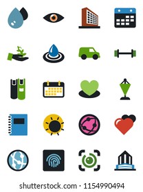 Color and black flat icon set - office building vector, pennant, sun, heart, barbell, eye, term, network, calendar, id, fingerprint, copybook, book, water, palm sproute, car