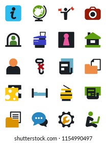 Color and black flat icon set - dispatcher vector, female, reception, globe, folder document, no hook, camera, dialog, user, root setup, news, copier, house, bedroom, cheese, information