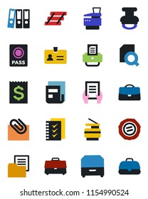 Color and black flat icon set - passport vector, identity, document, stamp, printer, receipt, folder, case, paper clip, news, search, checklist, binder, tray, archive box, copier