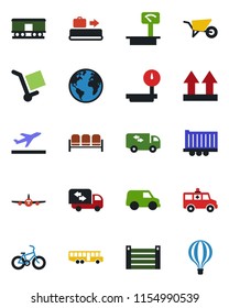 Color and black flat icon set - departure vector, baggage conveyor, airport bus, waiting area, plane, wheelbarrow, ambulance car, bike, earth, truck trailer, container, cargo, up side sign, railroad