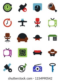 Color and black flat icon set - tv vector, office chair, mouse, desk, satellite, radio, music, cushioned furniture, restaurant table, dress code, ham, chip, clock, tie