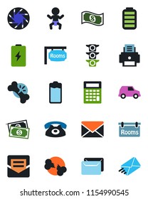 Color and black flat icon set - baby vector, mail, broken bone, cash, traffic light, battery, mobile camera, printer, rooms, phone, calculator, car