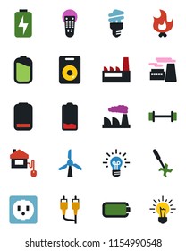Color and black flat icon set - factory vector, fire, ripper, barbell, remote control, speaker, low battery, rca, charge, home, socket, energy saving bulb, windmill, idea