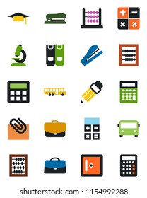 Color and black flat icon set - airport bus vector, checkroom, book, calculator, graduate, abacus, microscope, case, paper clip, pencil, stapler