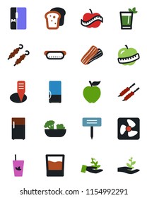 Color and black flat icon set - plant label vector, diet, fridge, drink, phyto bar, salad, bacon, bread, kebab, hot dog, apple fruit, fan, palm sproute