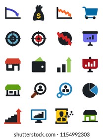 Color and black flat icon set - growth statistic vector, money bag, crisis graph, store, monitor statistics, pie, hr, target, consumer search, wallet, cart, presentation, storefront