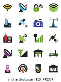 Color and black flat icon set - satellite antenna vector, office phone, radio, remote control, wireless, cellular signal, lock, router, garage gate