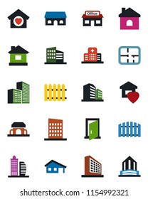 Color and black flat icon set - office building vector, fence, house, hospital, store, with garage, plan, sweet home, city, cafe, door