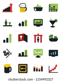 Color and black flat icon set - security gate vector, growth statistic, monitor, equalizer, scanner, statistics, bar graph, alcohol, wine card, cocktail, beer, salad, sushi, arrow up