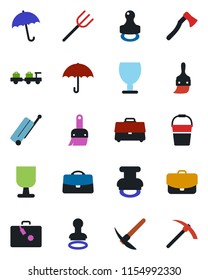 Color and black flat icon set - suitcase vector, umbrella, stamp, baggage larry, farm fork, bucket, axe, fragile, themes, case, hard work