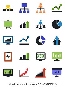 Color and black flat icon set - growth statistic vector, hierarchy, presentation board, monitor, circle chart, pulse, clipboard, statistics, bar graph, pie, point, arrow up