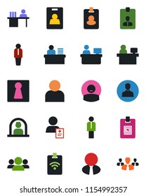Color and black flat icon set - female vector, reception, manager, identity card, place, patient, user, desk, estate agent, pass, group