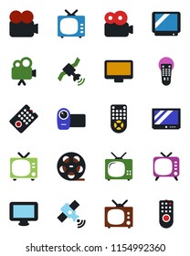 Color and black flat icon set - tv vector, reel, satellite, video camera, remote control, monitor