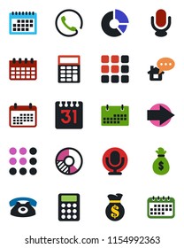 Color and black flat icon set - right arrow vector, calendar, circle chart, microphone, menu, calculator, phone, home message, money bag