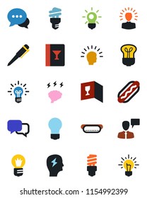 Color and black flat icon set - speaking man vector, pen, brainstorm, bulb, dialog, wine card, hot dog, energy saving, shining head, idea