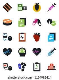Color and black flat icon set - heart pulse vector, diagnosis, syringe, blood pressure, pills, blister, tomography, real, clipboard, hospital