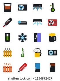Color and black flat icon set - thermometer vector, heater, air conditioner, fridge, drink, beer, snowflake
